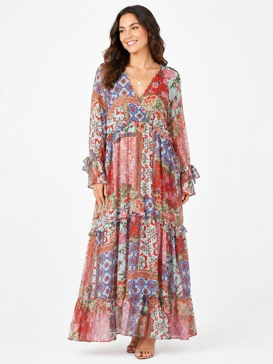 Zara Dresses & Skirts - NWT Zara Floral Patchwork Boho Maxi D Multicolor V-Neck Tiered Dress - M